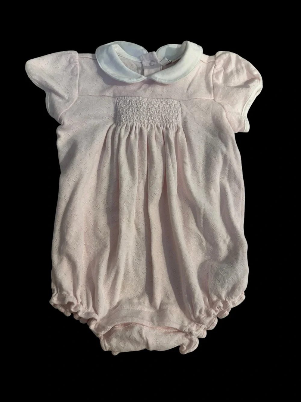 Janie and Jack 6-12 Months Baby Girl Pink Smocked Bubble Romper Peter Pan Collar